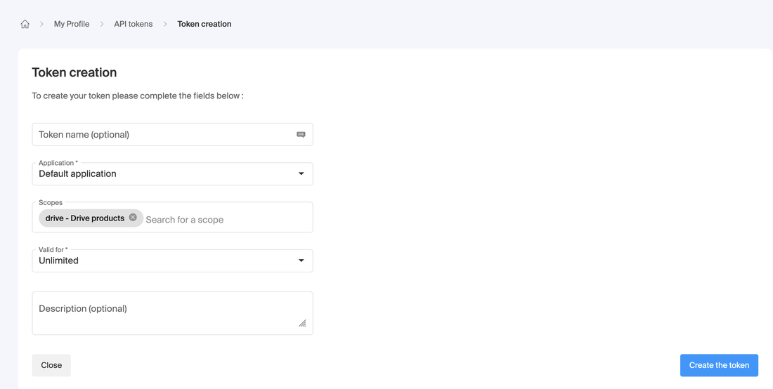 Infomaniak token creation: Application "Default application", Scope "drive – Drive products", Valid for "Unlimited".